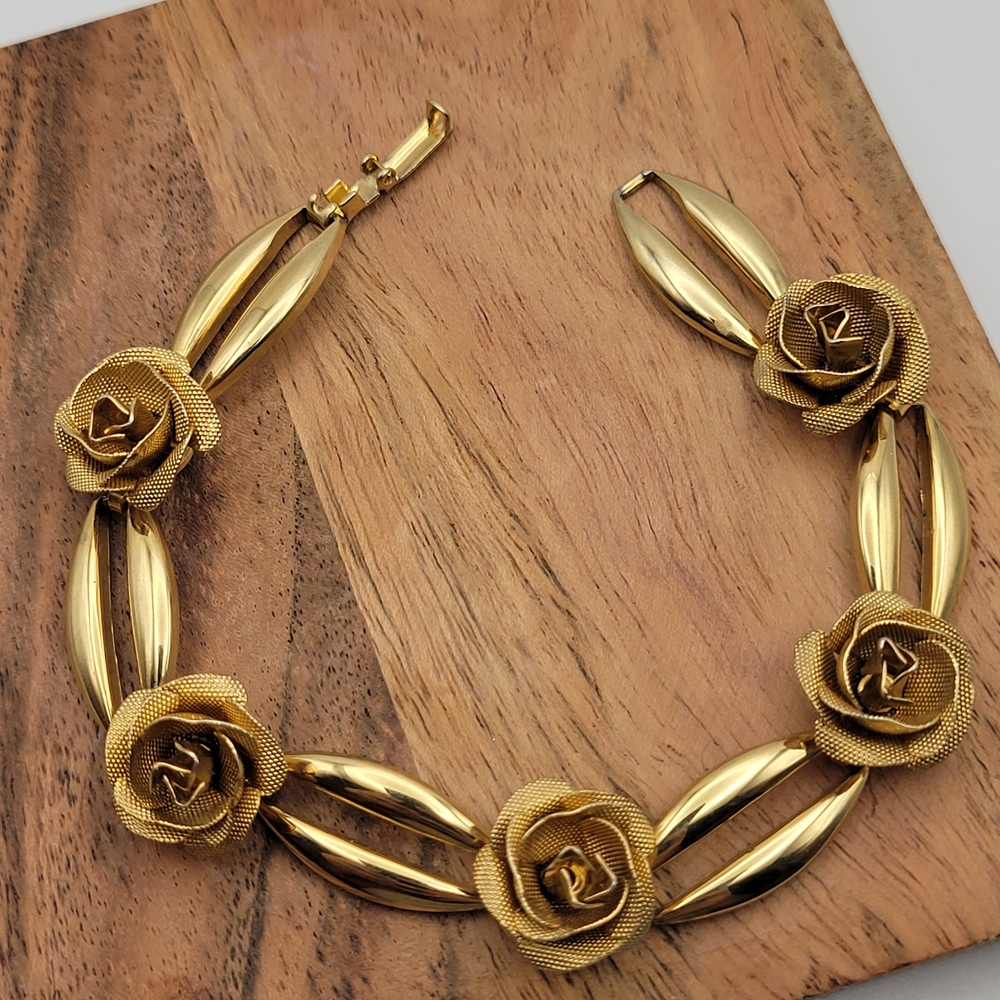 Gold Floral Rose Link Bracelet - Women Jewelry